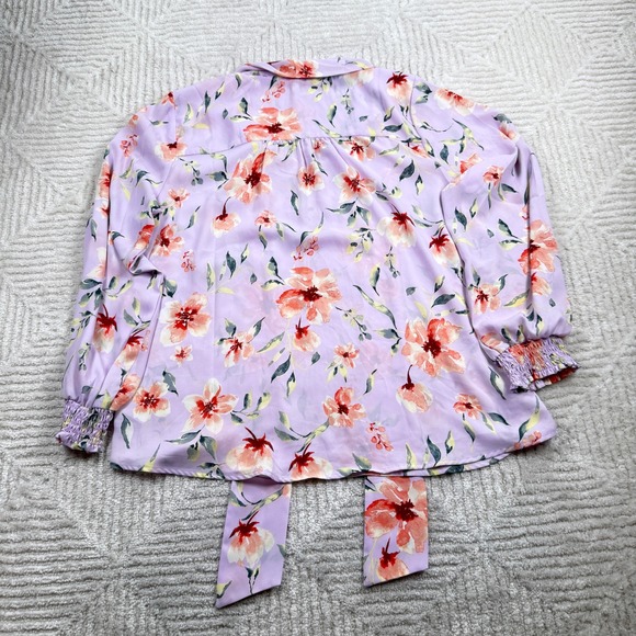 Pleione Floral Tie Neck Blouse Women's XL Purple Cottagecore Romantic Boho Chic - Picture 3 of 8